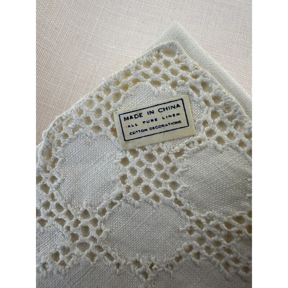 Vintage 1940s Pure Linen Tablecloth Napkins Set NOS Lace Floral White 7pc Set